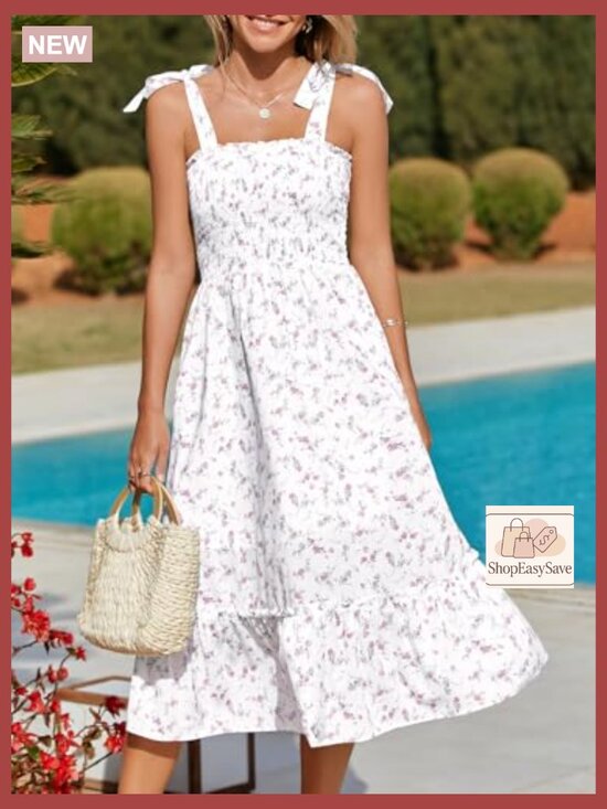 Summer Floral Maxi Dress Boho Tie Strap Sleeveless Smocked A-Line Beach Sundress - Picture 2 of 7